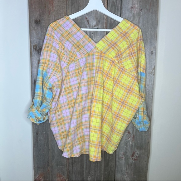 Fate Multicolored Plaid Double V Neck Button Front Shirt Roll Tank Sleeve Small - Picture 6 of 12